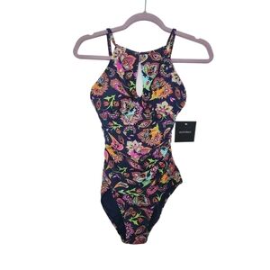 Ellen Tracy Blue Multi Color Floral Print Swimsuit Size 6  NWT